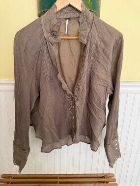Free People Sheer Brown Lace Button-Up Blouse Top Small S